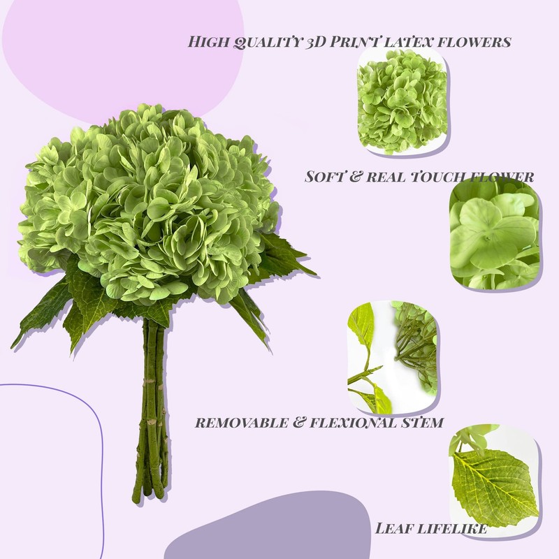 21" Bottle Green Artificial Hydrangea Flowers 5 Pcs Real Touch 3D Print Latex Fl gallery