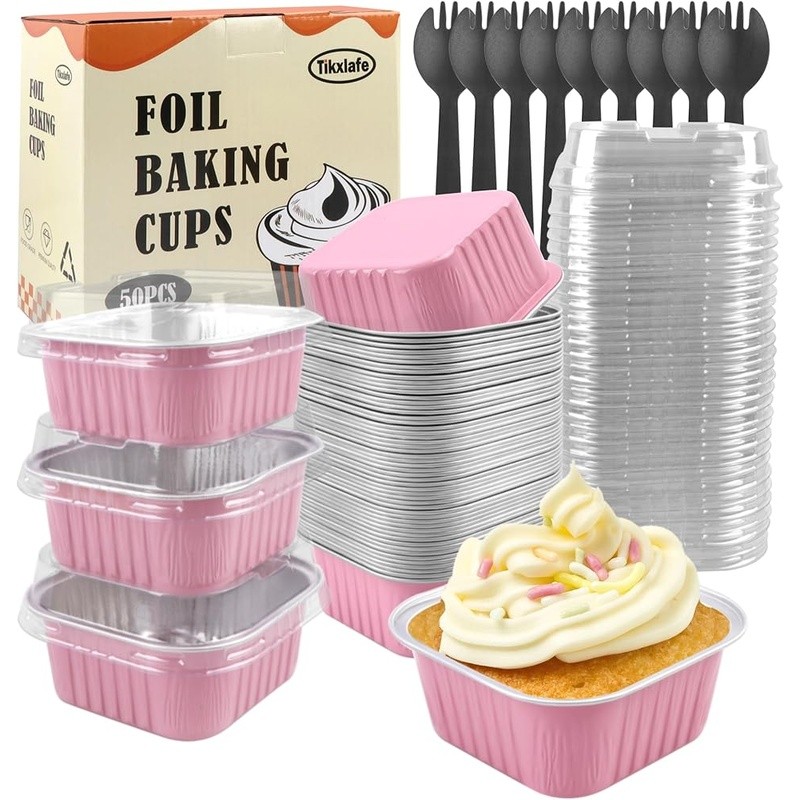 Mini Aluminum Foil Baking Cups W/ Lids Spoons Heat Resistant Party Pack of 50 US