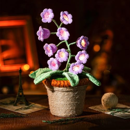 Lily of The Valley Lamp Crochet Artificial Flowers with Night Lights, Purple