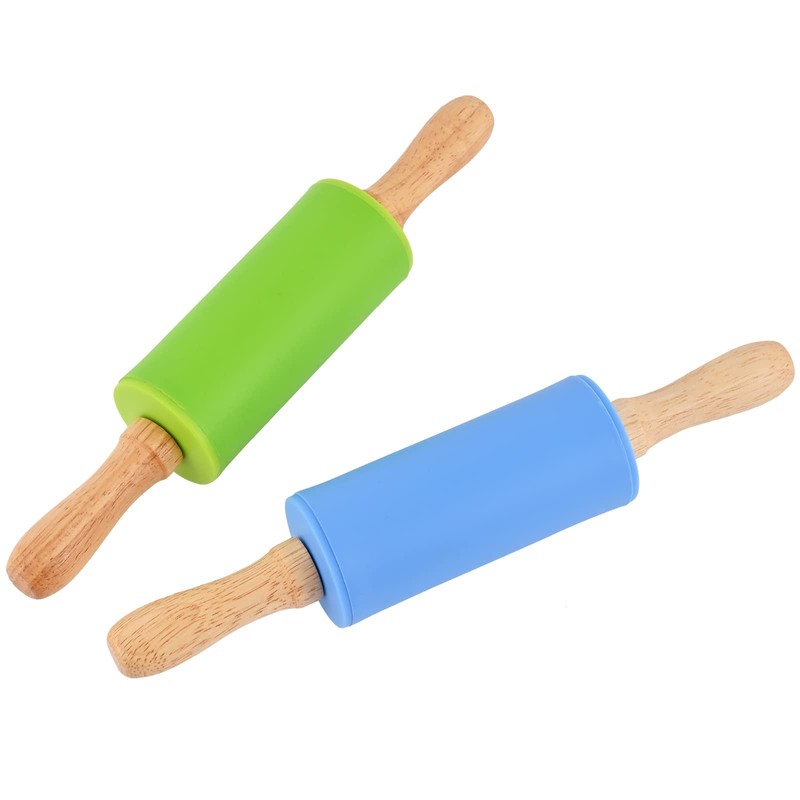 2 PCS 9 Inch Mini Silicone Rolling Pin For Kids NonStick Surface Wood Handle