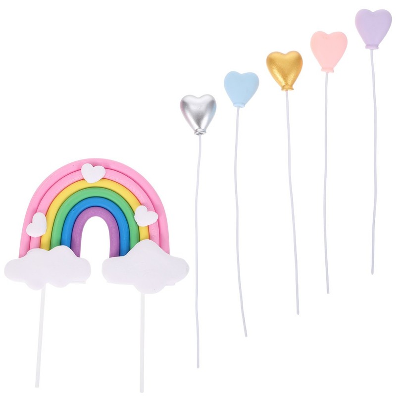 6Pcs Rainbow Heart Cake Picks Soft Clay Reusable Toppers for Wedding Birthday