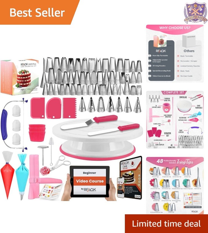 Essential 200PC Cake Decorating Kit with Tips, Turntable & Training Resources