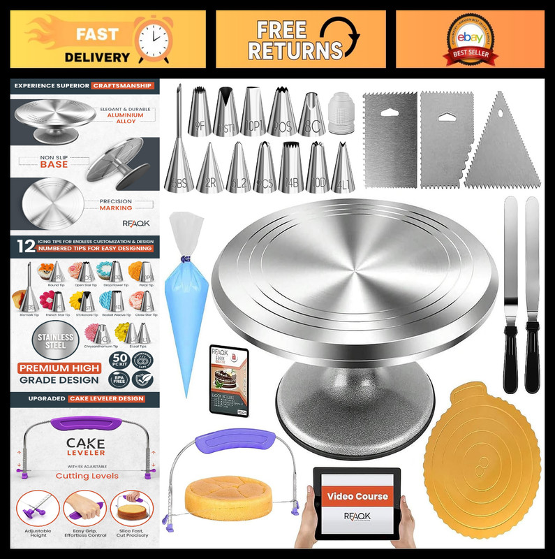 50PC Cake Decorating Supplies Kit – 12″ Rotating Turntable, Leveler, Spatulas &