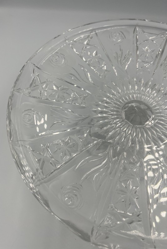 Vintage Leonard Crystal 11.25”x 4.25” Etched Cabbage Rose Pedestal Cake Plate gallery