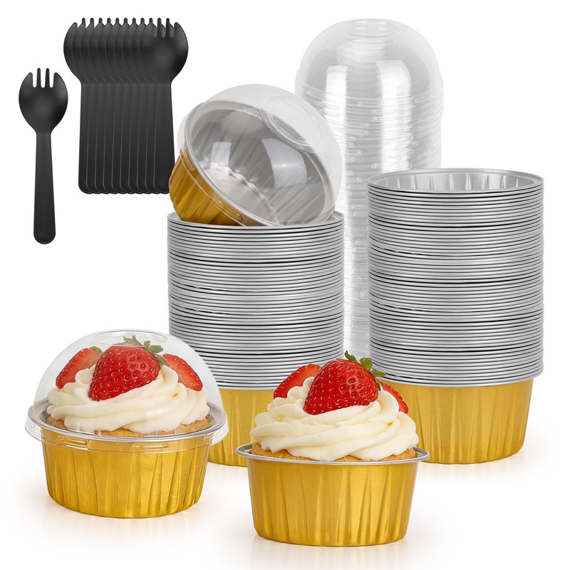 100-Pack 5 oz Gold Mini Cake Pans with Lids, Disposable Aluminum Foil Baking …