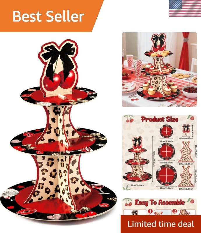 Cheetah Cherry Cupcake Stand – 3 Tier Red Cherry Bow Leopard Print Cupcake To…