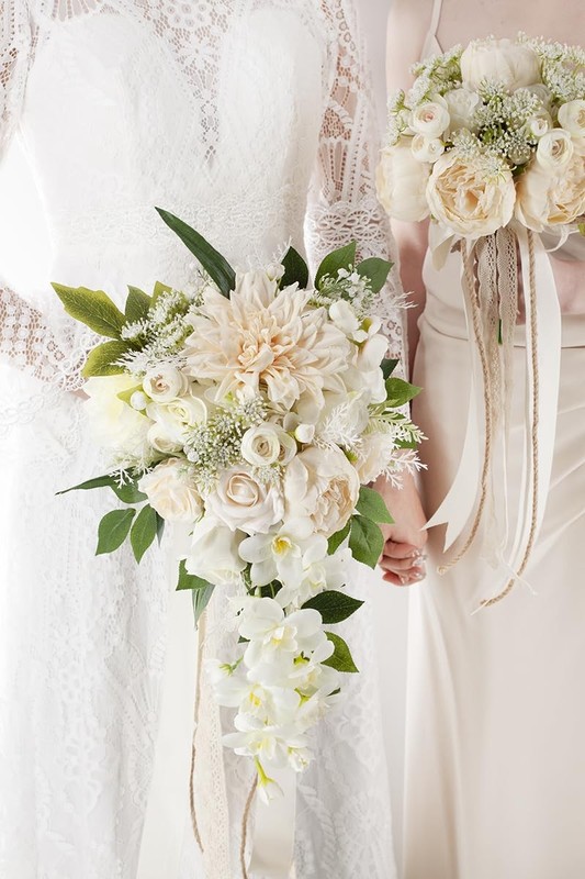 Floinla Bridal Bouquet Cascading Champagne Ivory Wedding Bouquets For Bride gallery