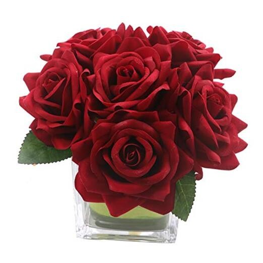 Artificial Velvet Rose Flower Centerpiece Arrangement in vase for Burgundy