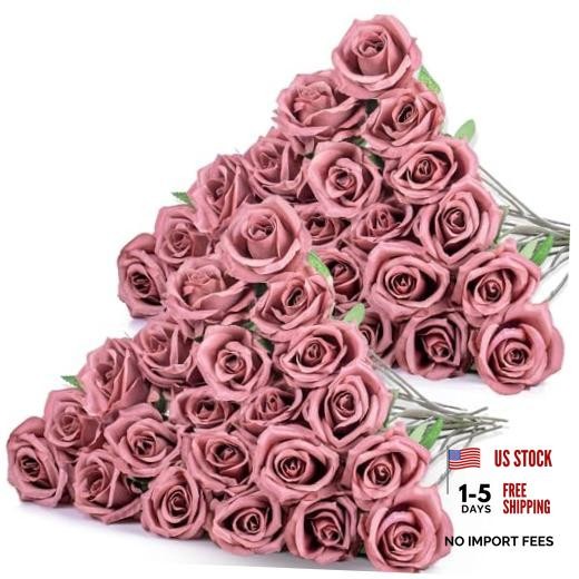 40 Pcs Rose Artificial Flowers Bulk with Long Stem,Realistic Silk Fake Dusty