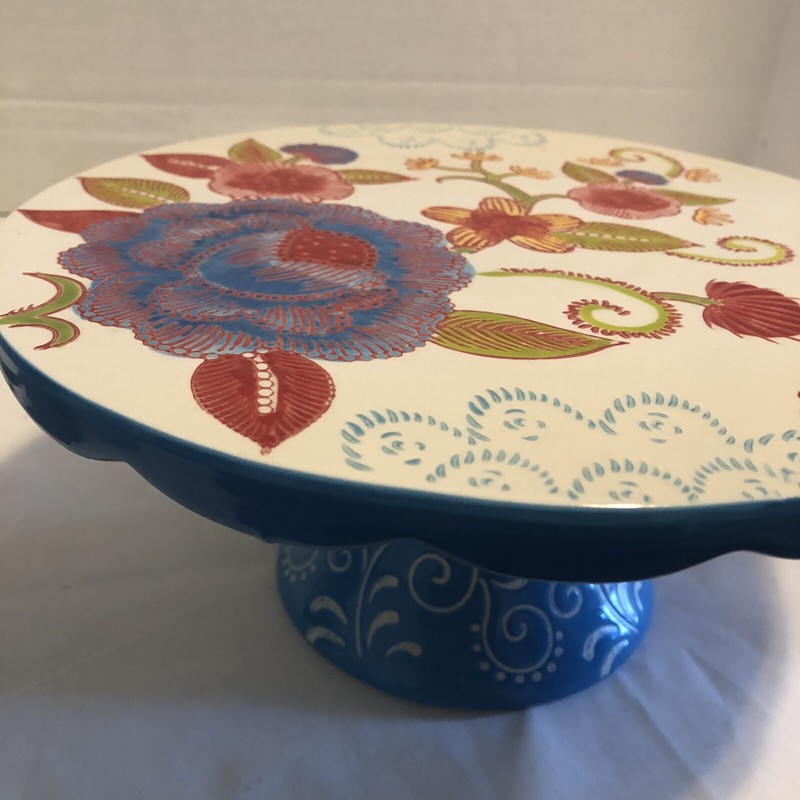 Floral Cake Plate Serving Stand 9.5 x 5.5" Scalloped Edge Blue Flowers Boho gallery