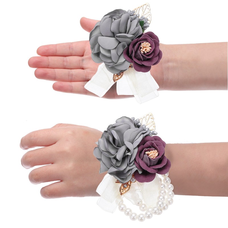 Rose Flower Wrist Corsage and Boutonnieres Set for Wedding Prom, Light Grey