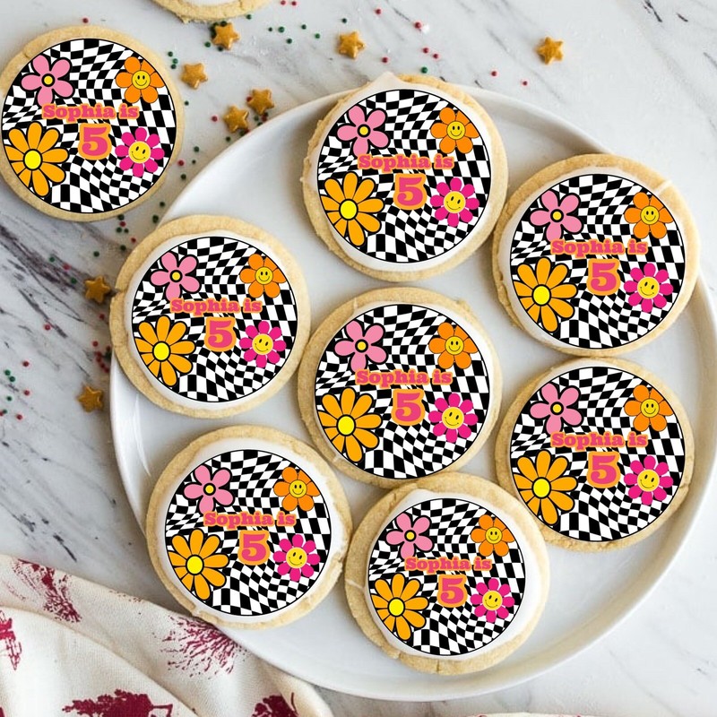 Checkered Edible Cake Topper With Smiley Face Customized With Your Name gallery