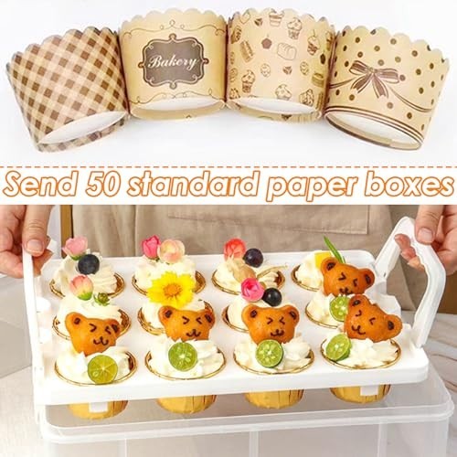 Stackable Cupcake Carrier with Lid & Handle, 50 PCS Liners, Reusable Dessert Tra gallery
