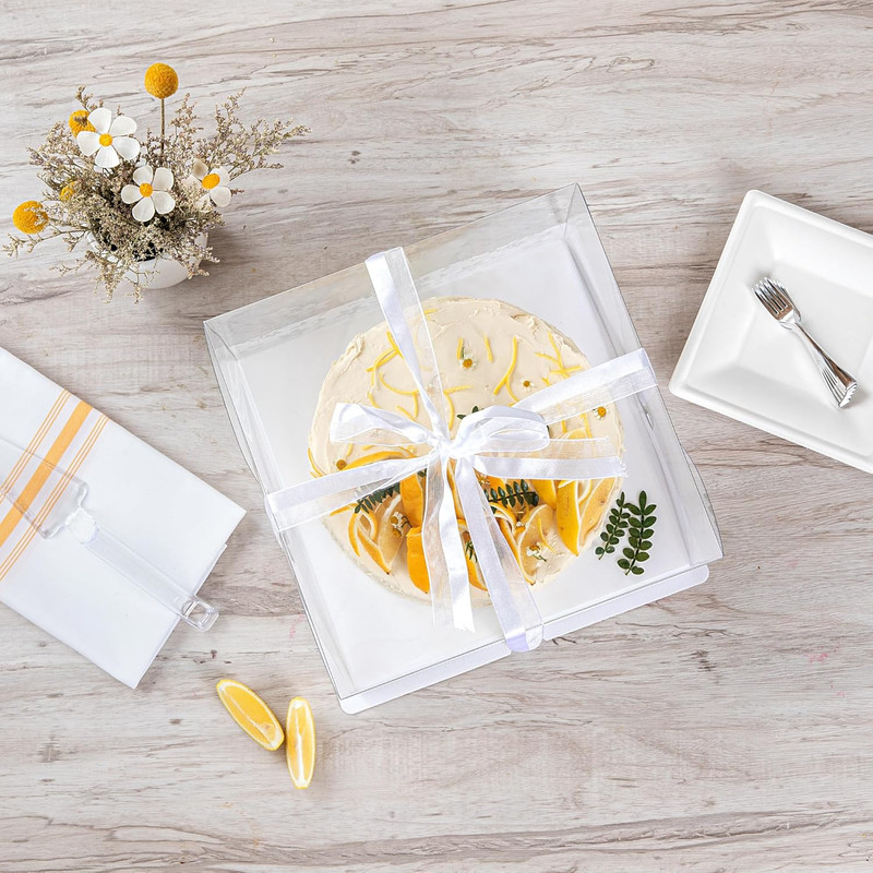 10" Clear Cake Boxes with Gray Ribbon - Floral Design, 10 Pack, Grease-Free gallery