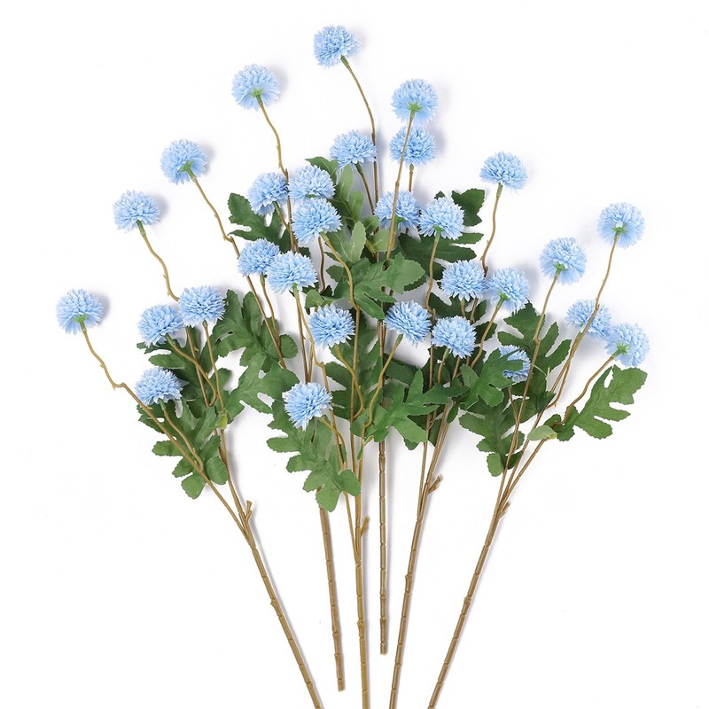 Mizii 6Pcs Blue Fake Silk Pompon Mum Artificial Flowers Bulk Small Faux