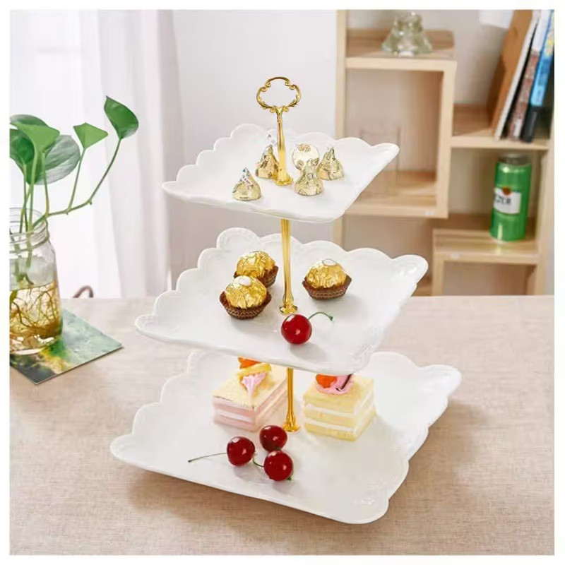 3-Tier Porcelain Cup Cake Stand, Square White Embossed Dessert Tiered Serving Tr gallery