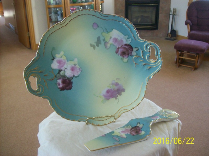 Victorian Style Vintage Floral Rose Turquoise Charger Cake Plate With Server