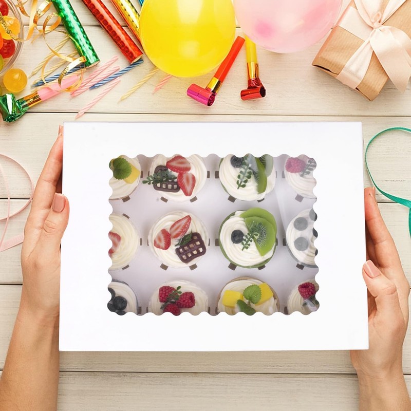 Pre-folded 12 count Cupcake Boxes, 6-Set Cupcake Container with Window Transp... gallery
