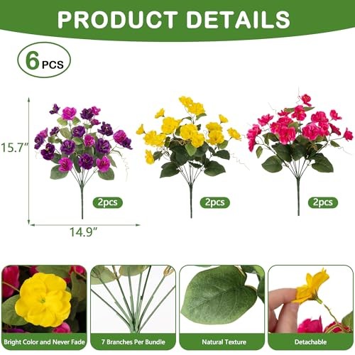Artificial Flowers for Outdoors, 6 Bundles Deep Purple,rose Red,yellow gallery