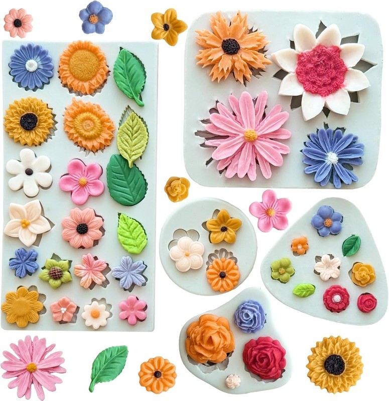5Pcs Flower Silicone Molds Small Flower Chocolate Mold Daisy Rose Flowers
