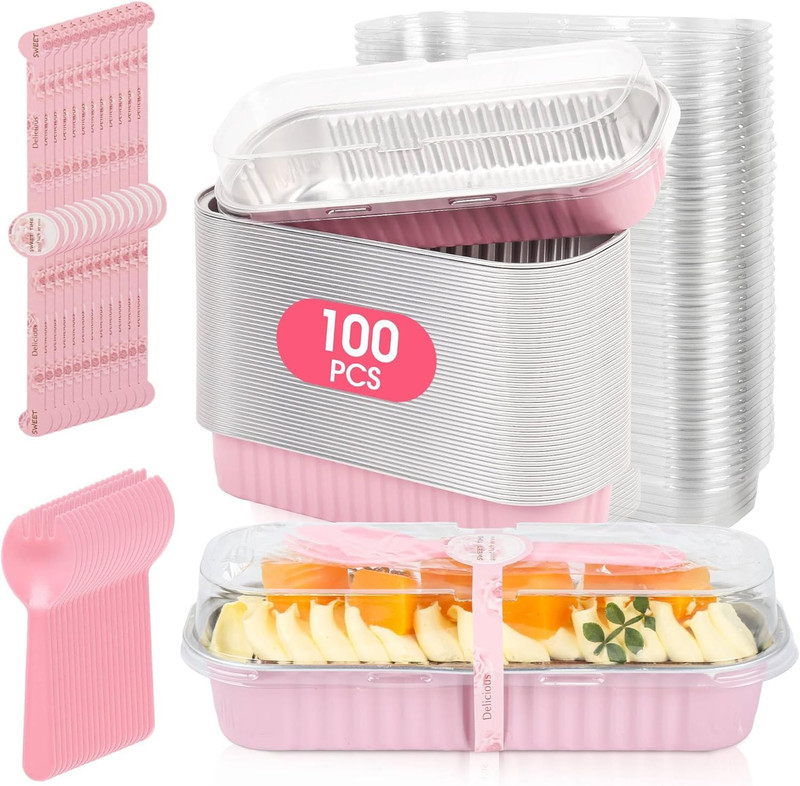 100 Pack Mini Cake Pans with Lids and Spoons,Disposable Aluminum Foil Cake Tins（