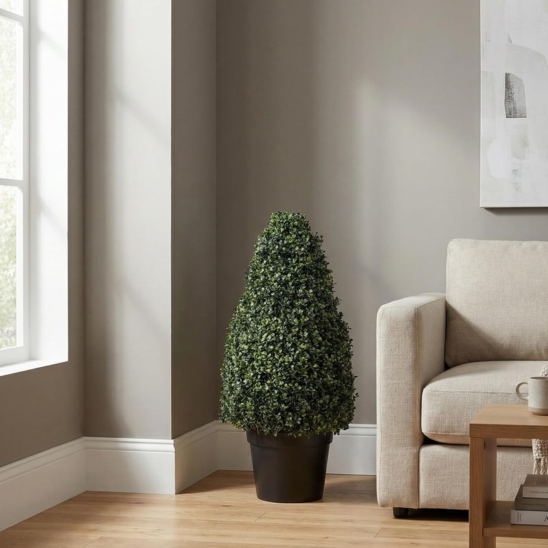Artificial Boxwood Topiary 36″ Tower-Style Faux Plant Sturdy Pot Realistic