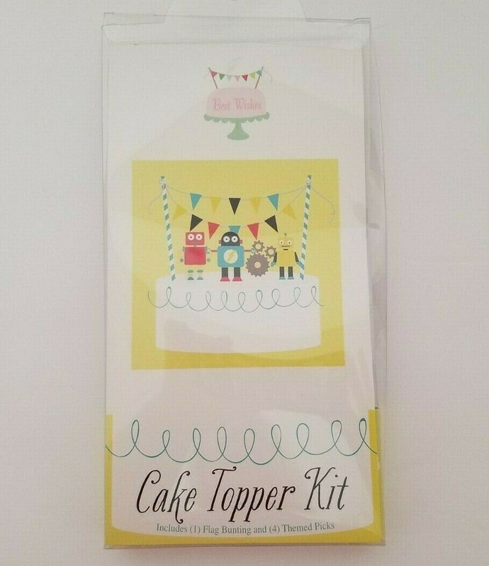 Robot Cupcake Treat Picks & Cake Topper Kit Flag Bunting Birthday Baby Shower gallery