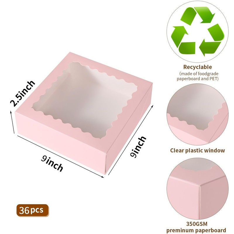 36 PCS 9x9x2.5 Inch Bakery Boxes Window Cake Pastry Cookie Mini Pie Pink gallery