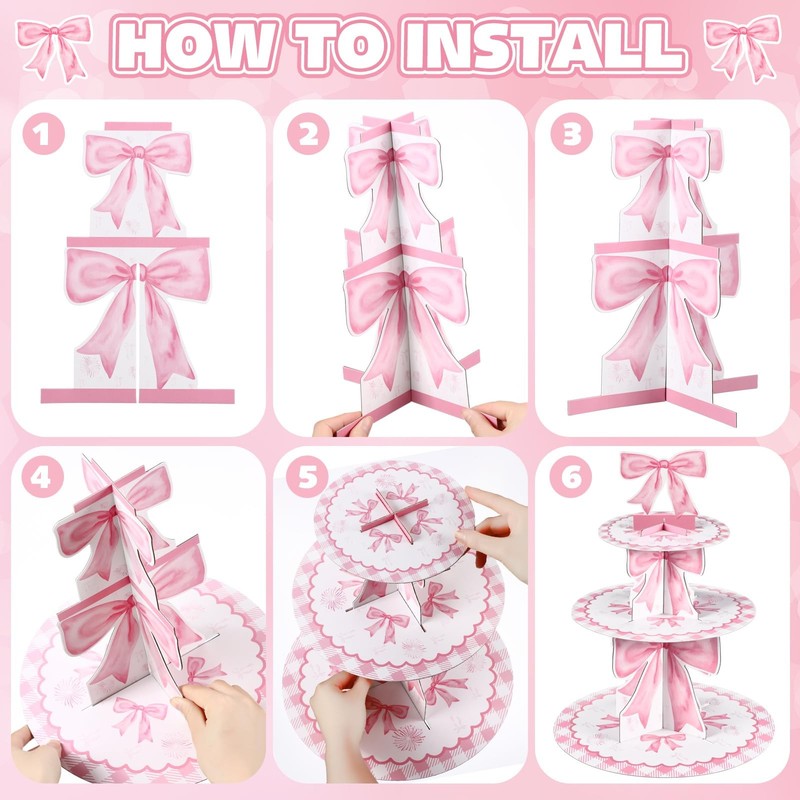 3 Tier Pink Bow Cake Stand Coquette Bow Party Birthday Cake Stand Decorations... gallery