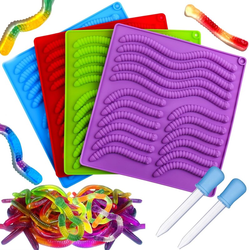 4PCS gummy worm molds silicone for gummies candy, large fruit snack molds for