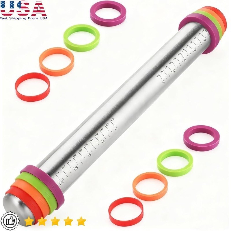 Adjustable Stainless Steel Rolling Pin W/ 4 Thickness Bands Baking Dough New