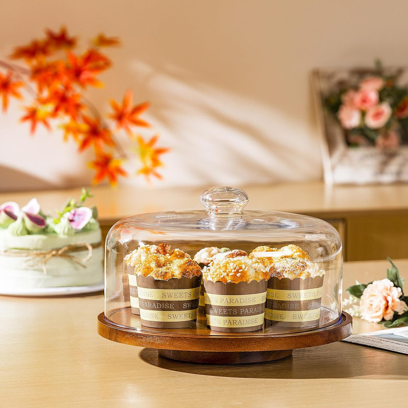 11IN Wood Cake Stand with Dome Lid, Rotating Cake Stand with Glass Dome- Cake Pl gallery