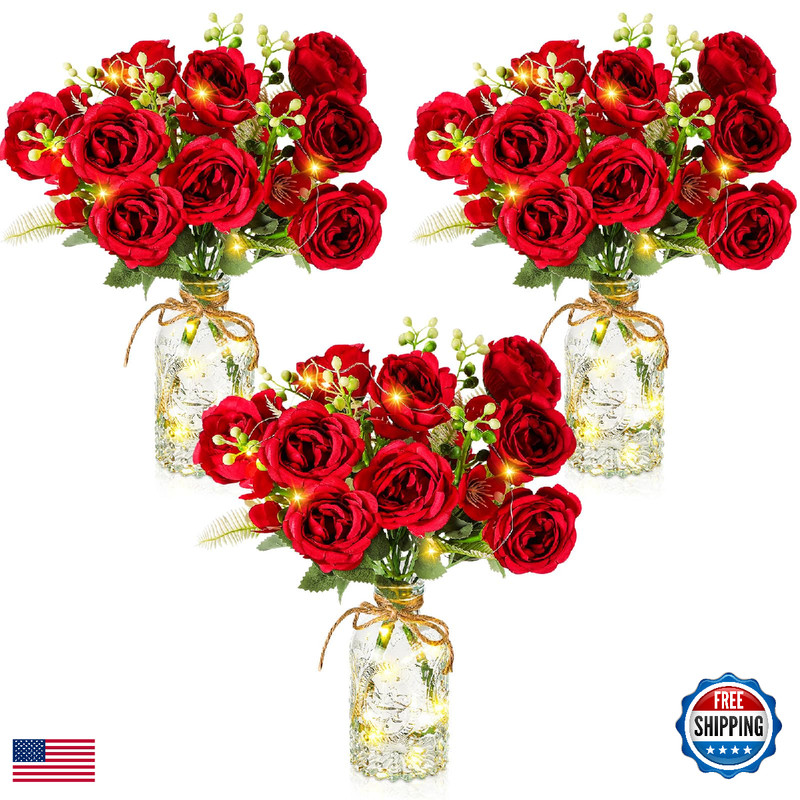 Thiccywoov 3 Sets Artificial Flowers Bouquets In Glass Vase Led String Lights