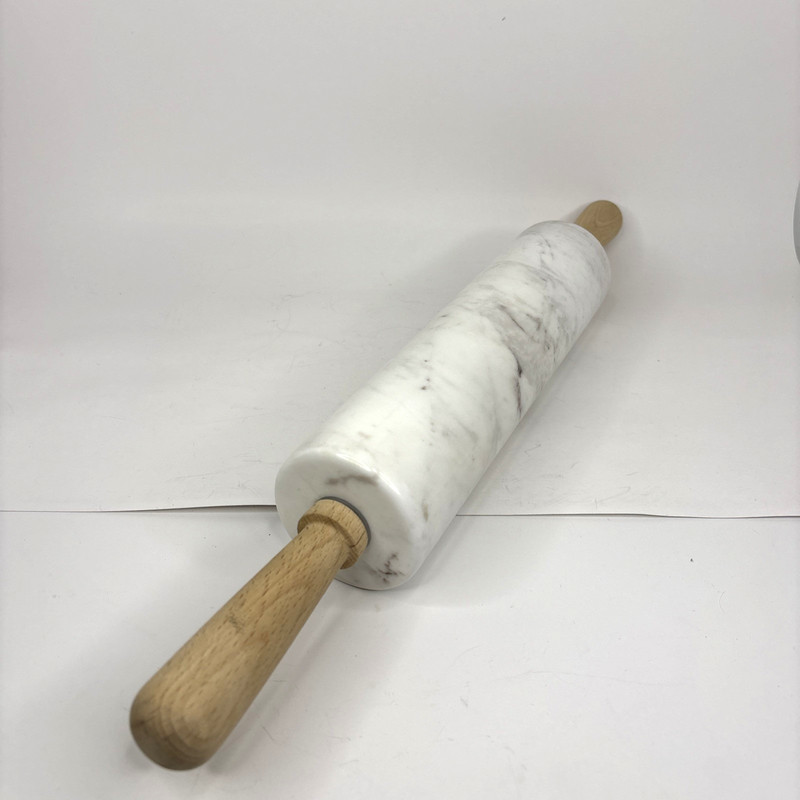 Polished Marble Rolling Pin White Gray 18" Long 10" Barrel Vintage Wood Handles gallery