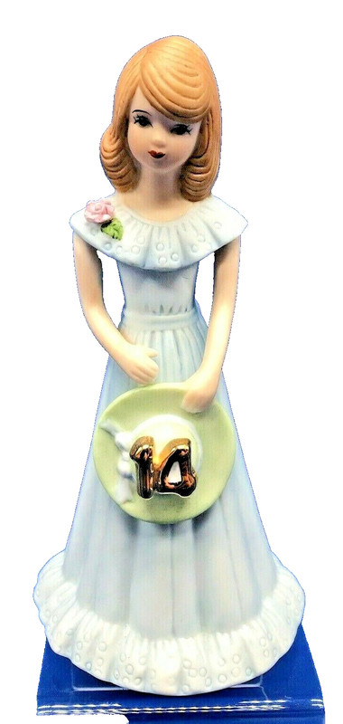 1982 Enesco AGE 14 GROWING UP BIRTHDAY GIRL Figurine Light Brown Cake Topper