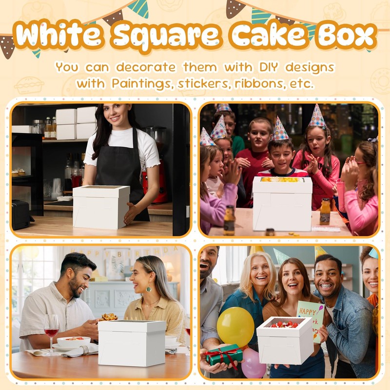 3 PCS White 10x10x8 Inch Tall Cake Boxes Window Boards Square Bakery Dessert gallery