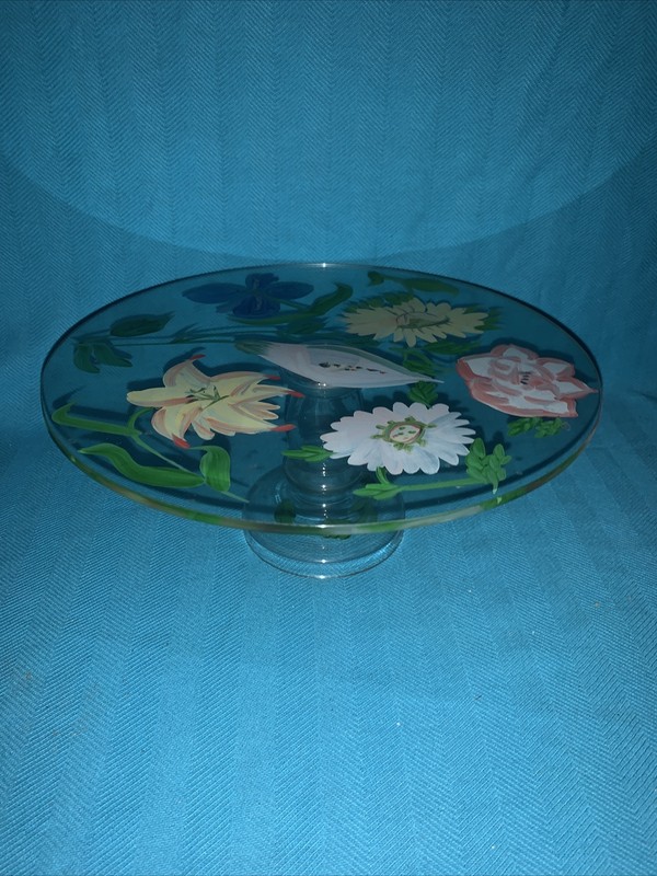 CAKE PLATE Stand Plate FLORAL HANDPAINTED Unique Glass ORIGINAL OOAK ❤️sj10m1 gallery