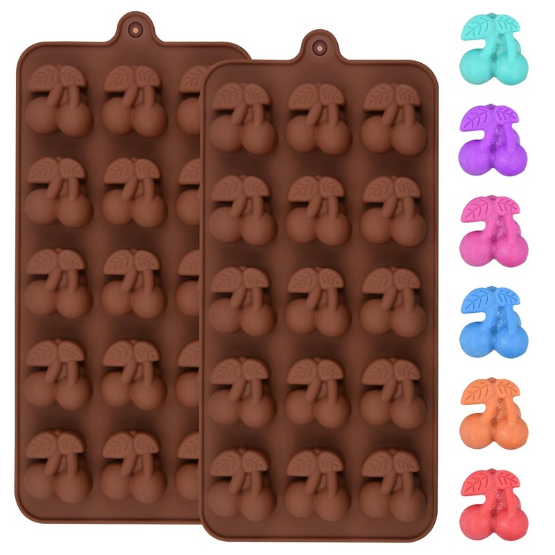 2 PCS Cherry Shape Silicone Chocolate Molds 30-Cavity Fruit Candy Jelly Brown