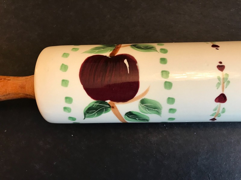 VINTAGE PORCELAIN OR STONEWARE ROLLING PIN, HANDPAINTED APPLES & LEAVES, ABC DIS gallery