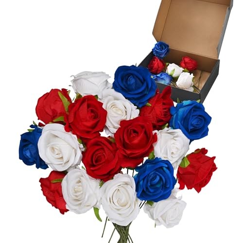 Red White Blue Artificial Flower Box, Patriotic Faux Roses with Stems for July