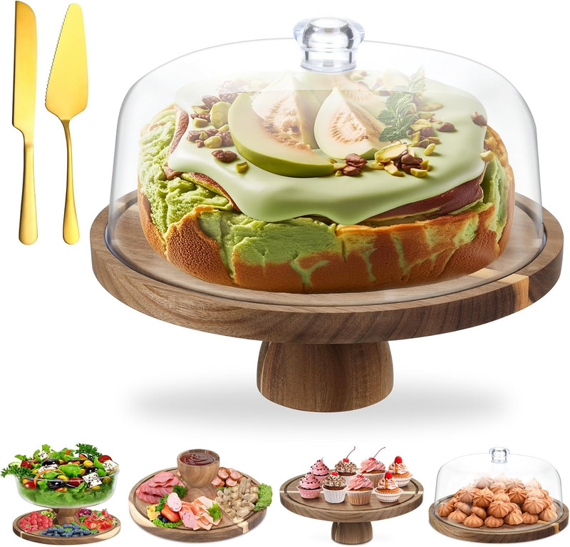 Acacia Wood Cake Stand with Lid, 12'' round Cake Holder with Clear Acrylic Cover gallery