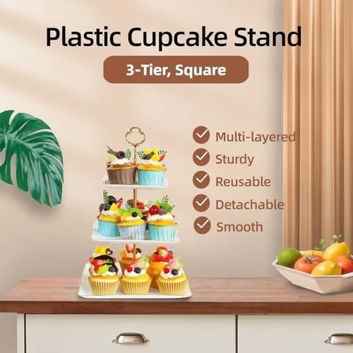 2 Pack 3 Tier Cupcake Stand with Gold Rim - Plastic Dessert Tower Tray for Parti gallery