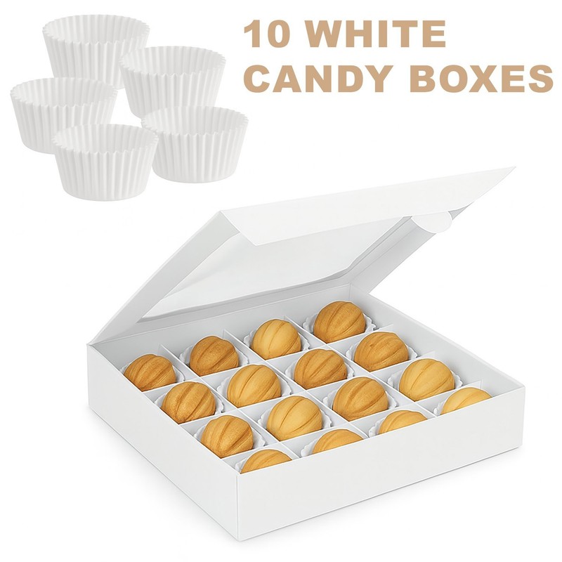 Set of 10 White Candy Boxes w Window & Paper Liners – Holds 16 Chocolates, Nuts