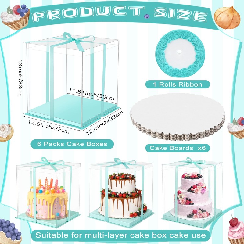 6 Pack Large Clear Cake with Round Cake Boards and Ribbon Taller Carrier Tier... gallery