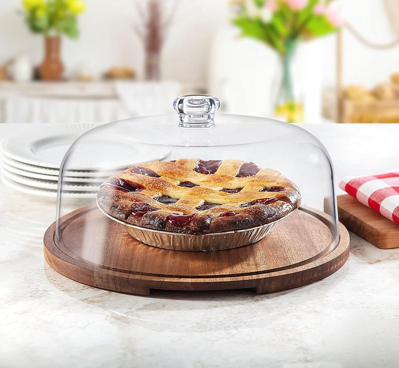 Cake Stand Cake Plate Server Platter W/ Dome Acacia Wood & Shaterproof Acrylic gallery