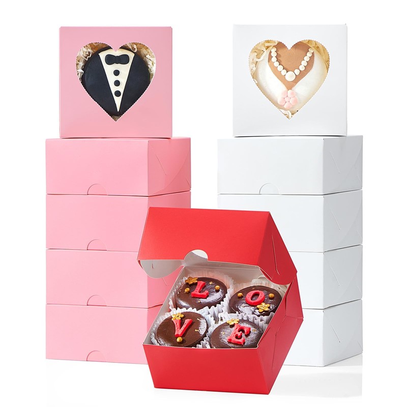 102Pack 4x4x2 Bakery Treat boxes with Heart Shaped Window Cookies Mini Baking