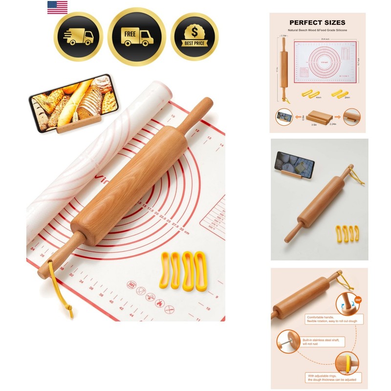 Classic Wood Rolling Pin, 17″ Rolling Pins for Baking with Silicone Mat and A…