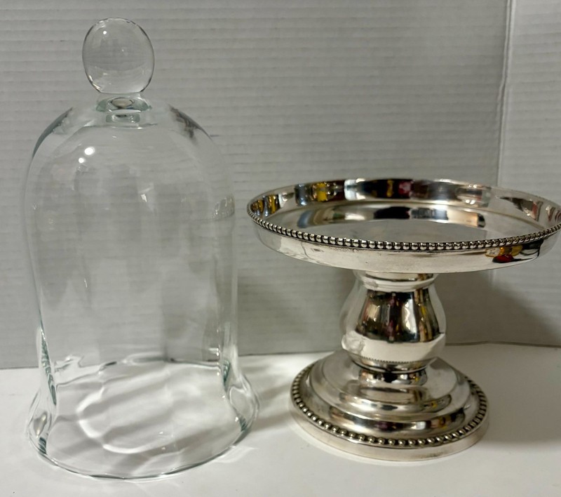 Bombay Glass Domes With Silver Pedestal Stand For Display W/ Beaded Trim 15"T gallery