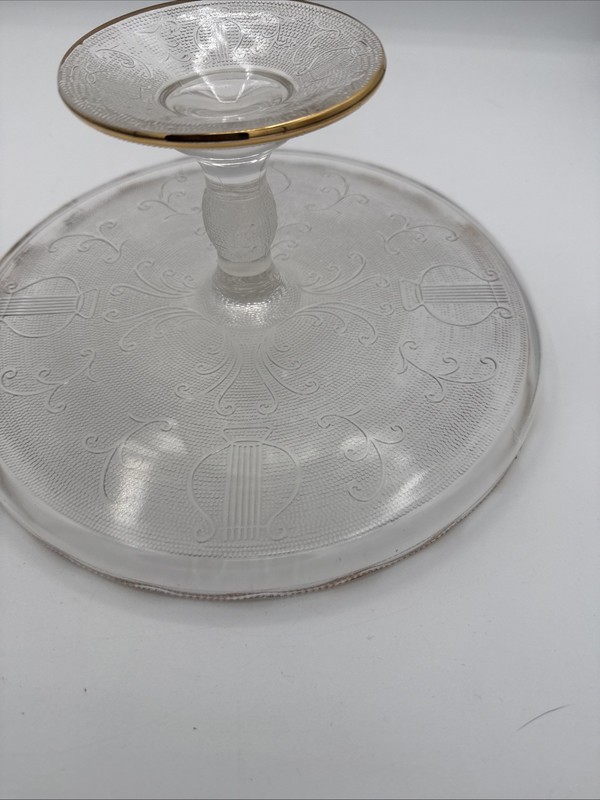 Jeanette Harp Glass Pedestal Cake Plate Stand Scalloped Edge w/Gold 10" gallery