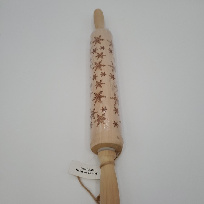 Christmas Rolling Pin Wood Carved Snowflakes 17" Cookie Dough Holiday Baking gallery